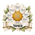 Christian sunflower metal sign with Bible-inspired affirmations, golden center, white petals, green leaves, and ribbon