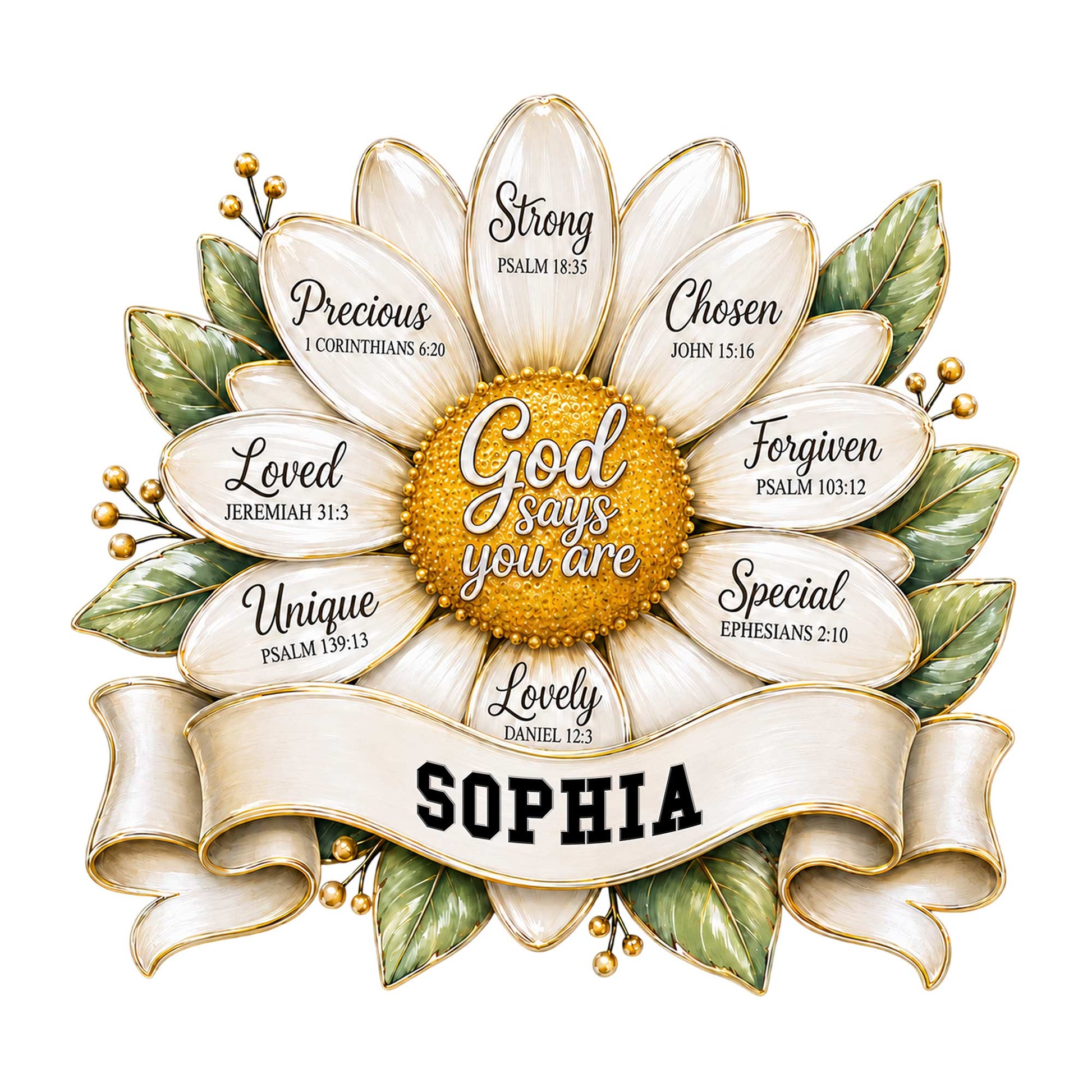 Christian sunflower metal sign with Bible-inspired affirmations, golden center, white petals, green leaves, and ribbon