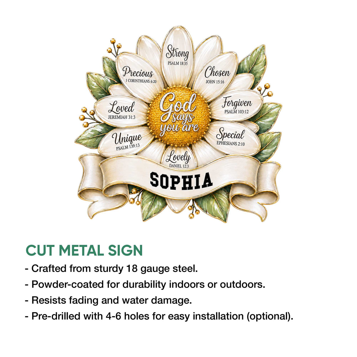 Christian sunflower cut metal sign shown with indoor and outdoor display features in a product infographic
