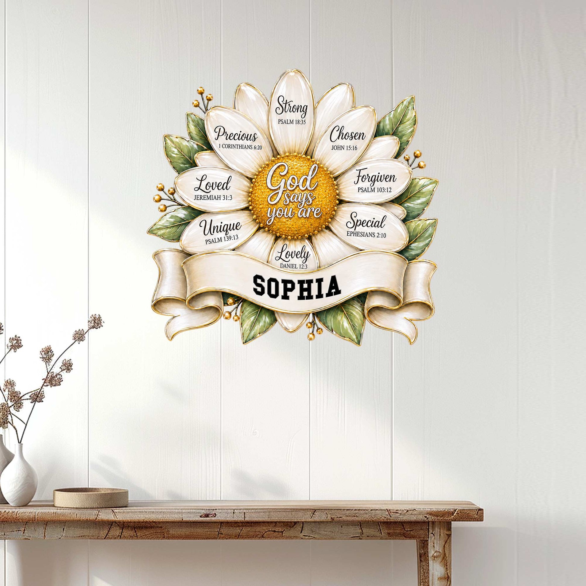 Christian sunflower faith sign displayed on a light wood-paneled wall above a console table