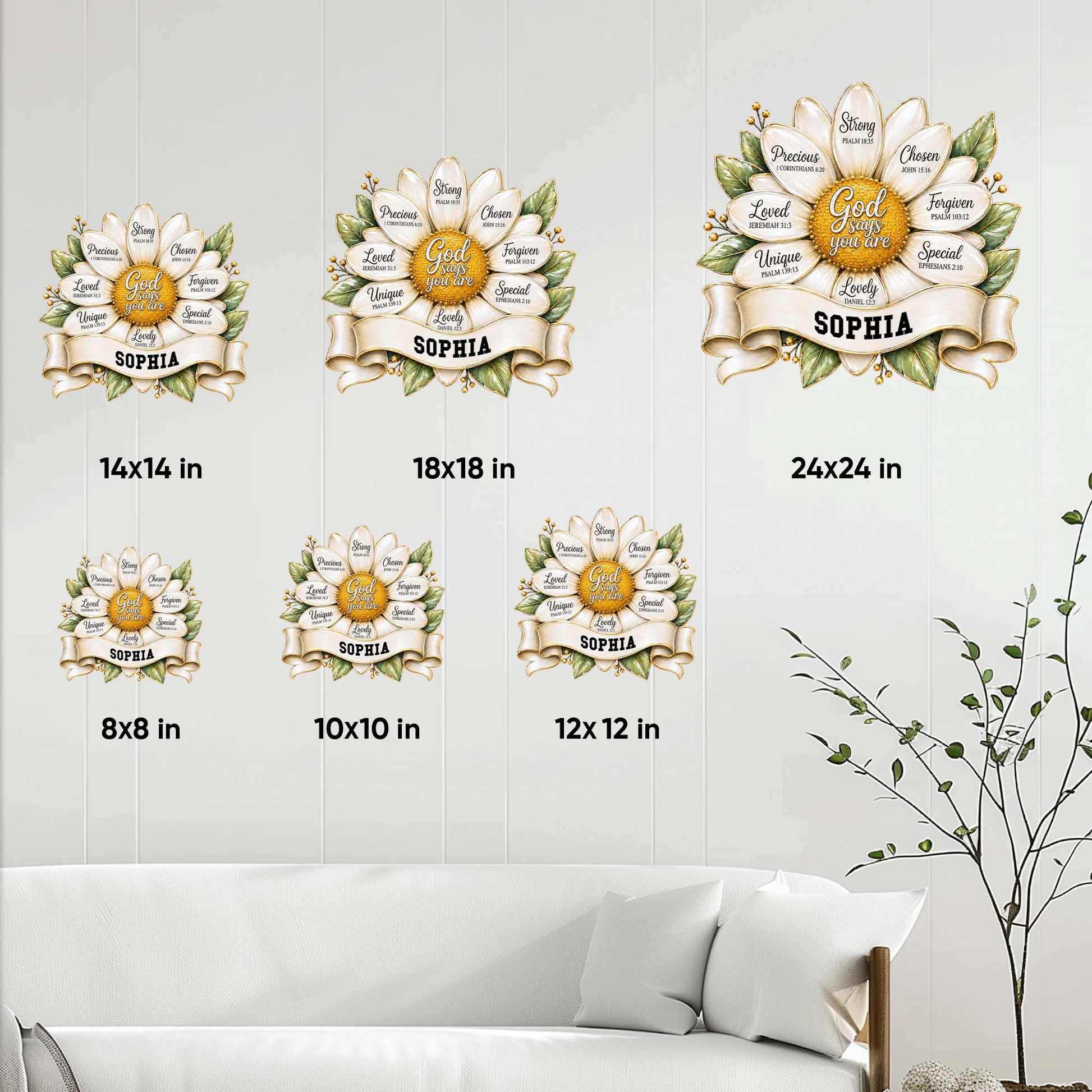 Christian sunflower metal sign size guide showing available sizes from 8x8 inches through 24x24 inches