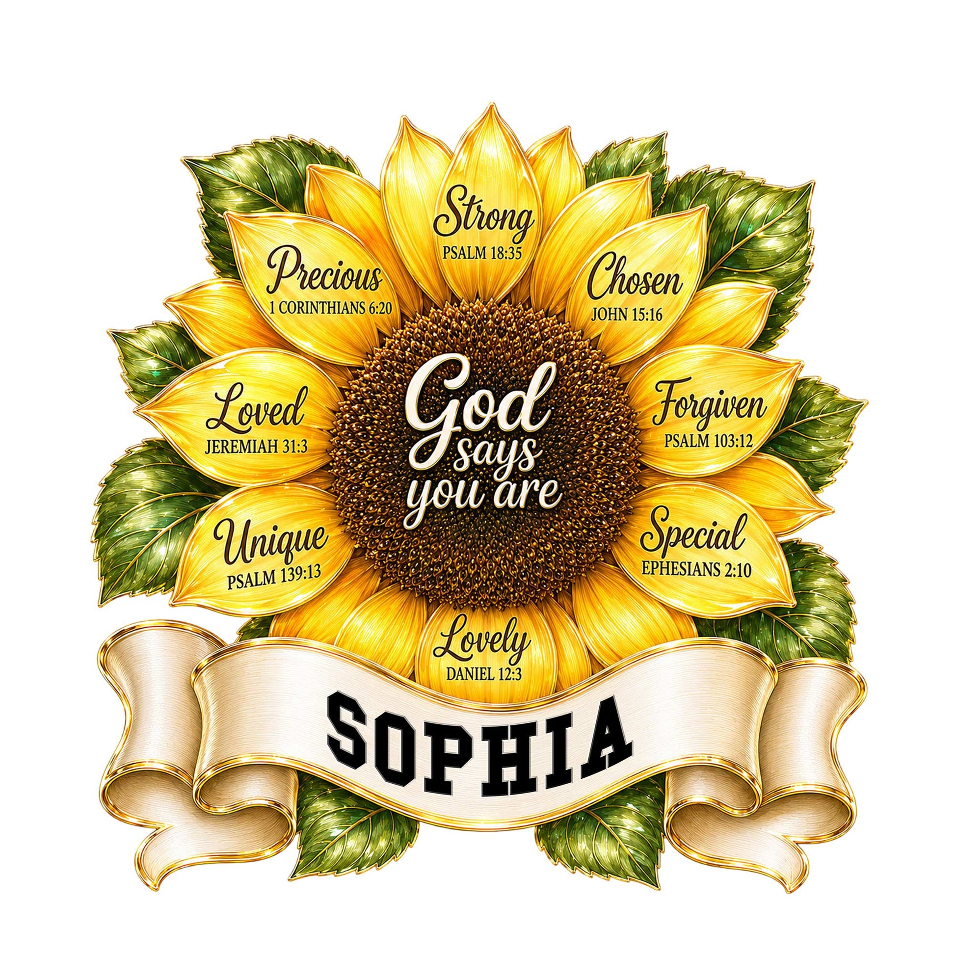 Christian sunflower metal sign with Scripture-inspired affirmations and a decorative banner