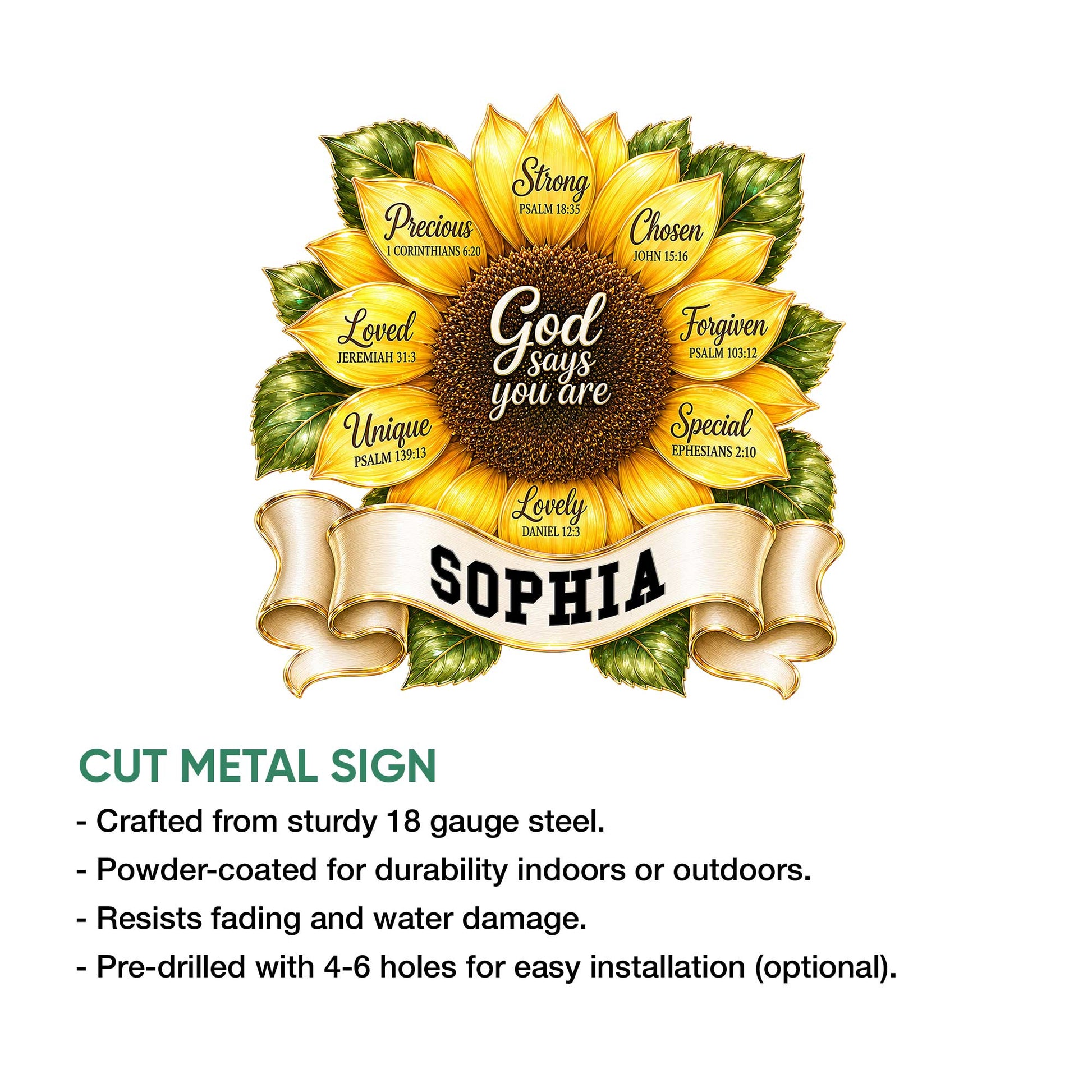 Cut-metal Christian sunflower sign shown with indoor and outdoor use details