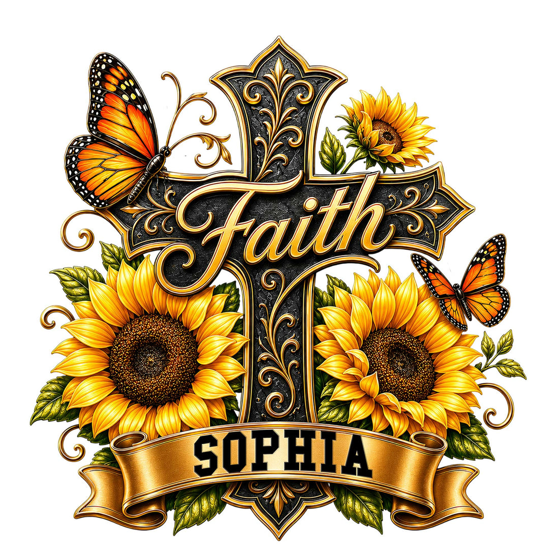 Christian cross metal sign with ornate gold details, sunflowers, monarch butterflies, and a faith-inspired design