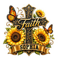 Christian cross metal sign with ornate gold details, sunflowers, monarch butterflies, and a faith-inspired design
