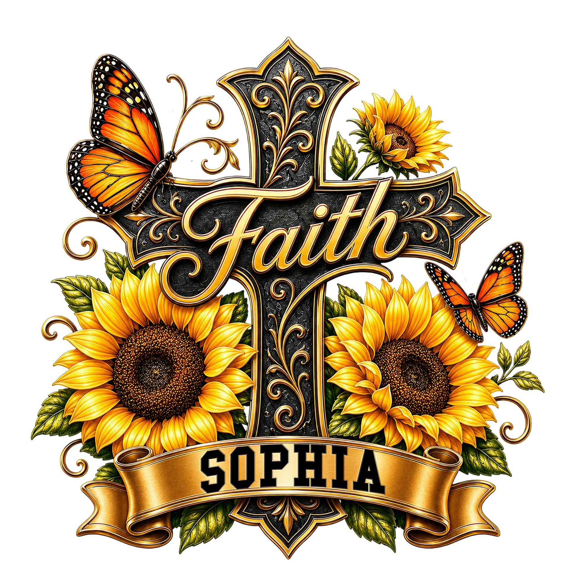 Christian cross metal sign with ornate gold details, sunflowers, monarch butterflies, and a faith-inspired design