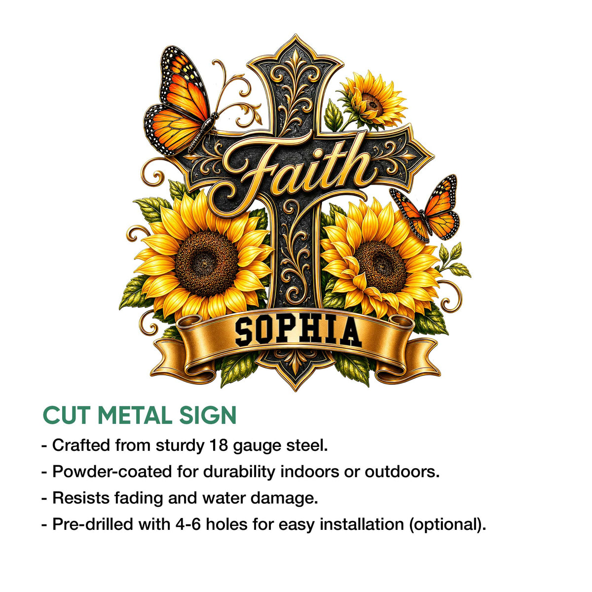 Faith-inspired Christian cross metal sign shown as a decorative cut metal wall accent with floral artwork