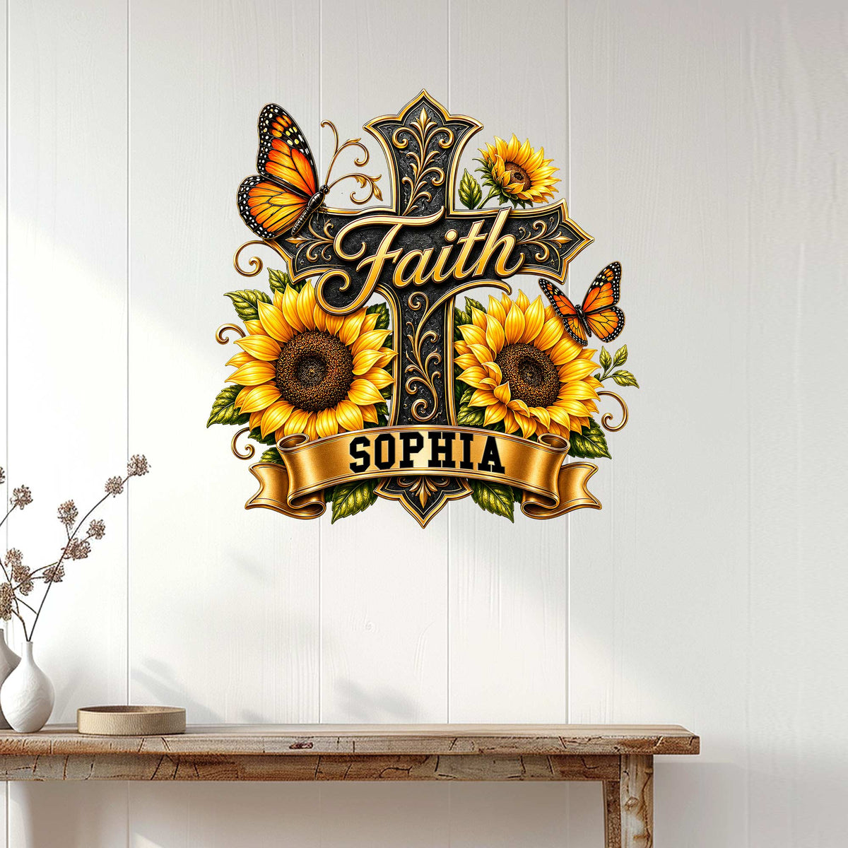 Christian cross wall decor displayed above a console table, featuring bright sunflowers and orange butterflies
