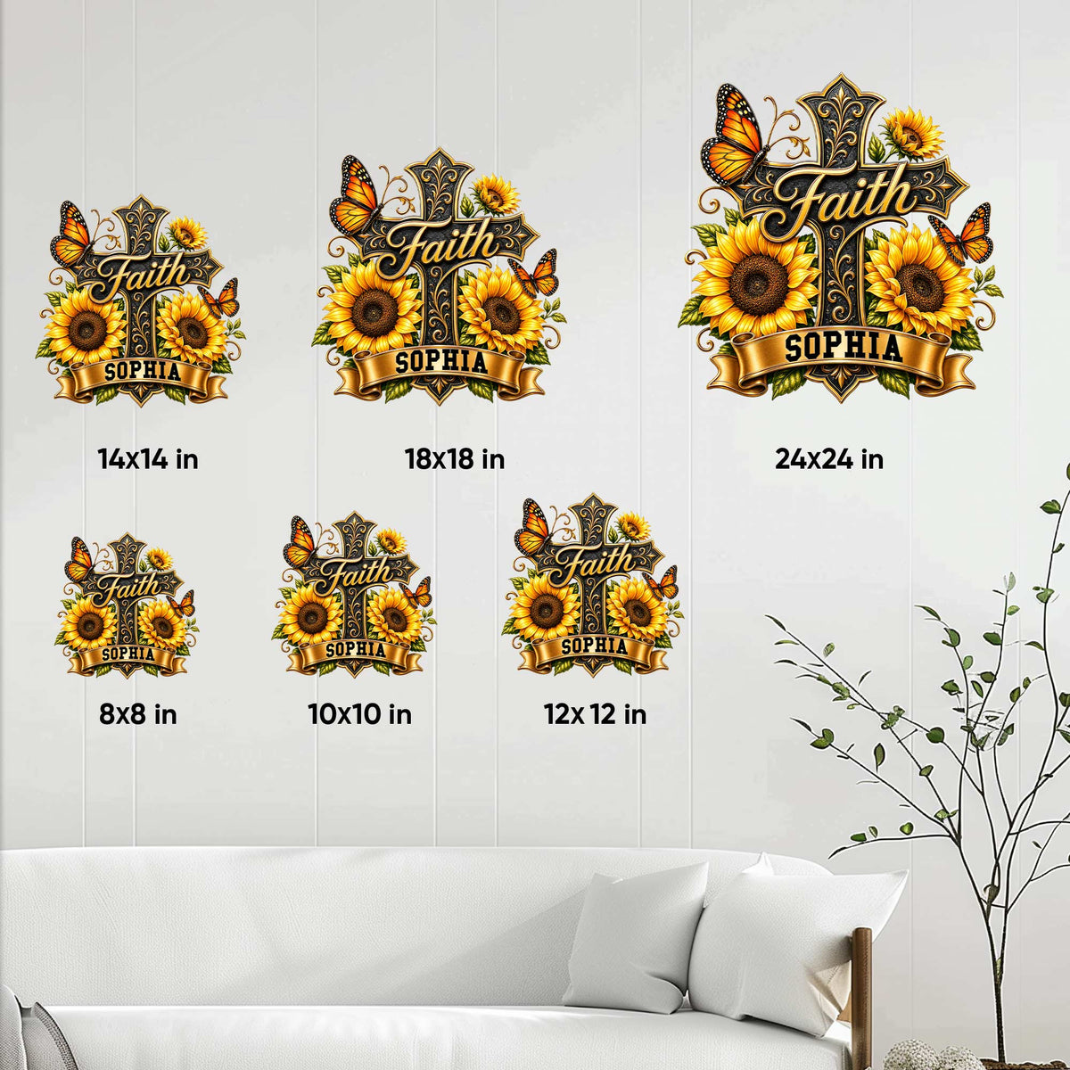 Christian cross metal sign size guide showing multiple square size options in a home wall decor setting