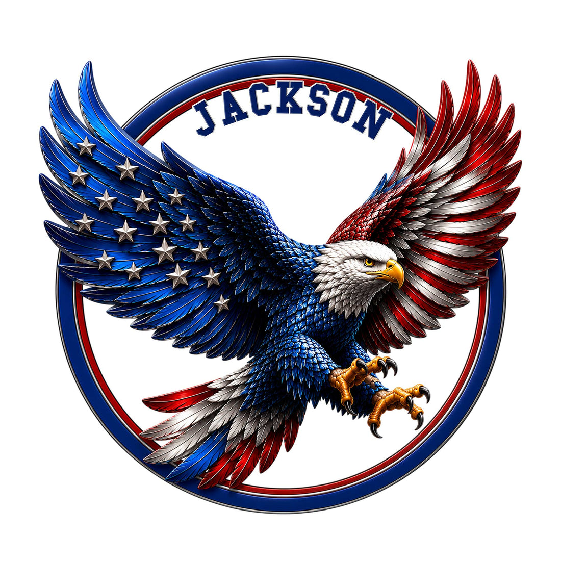 Patriotic bald eagle metal sign with red, white, and blue wings in a circular frame
