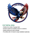 Patriotic bald eagle cut metal sign shown with indoor and outdoor display features