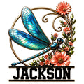 Colorful dragonfly metal sign with blue wings, coral flowers, green leaves, and an ornate botanical frame