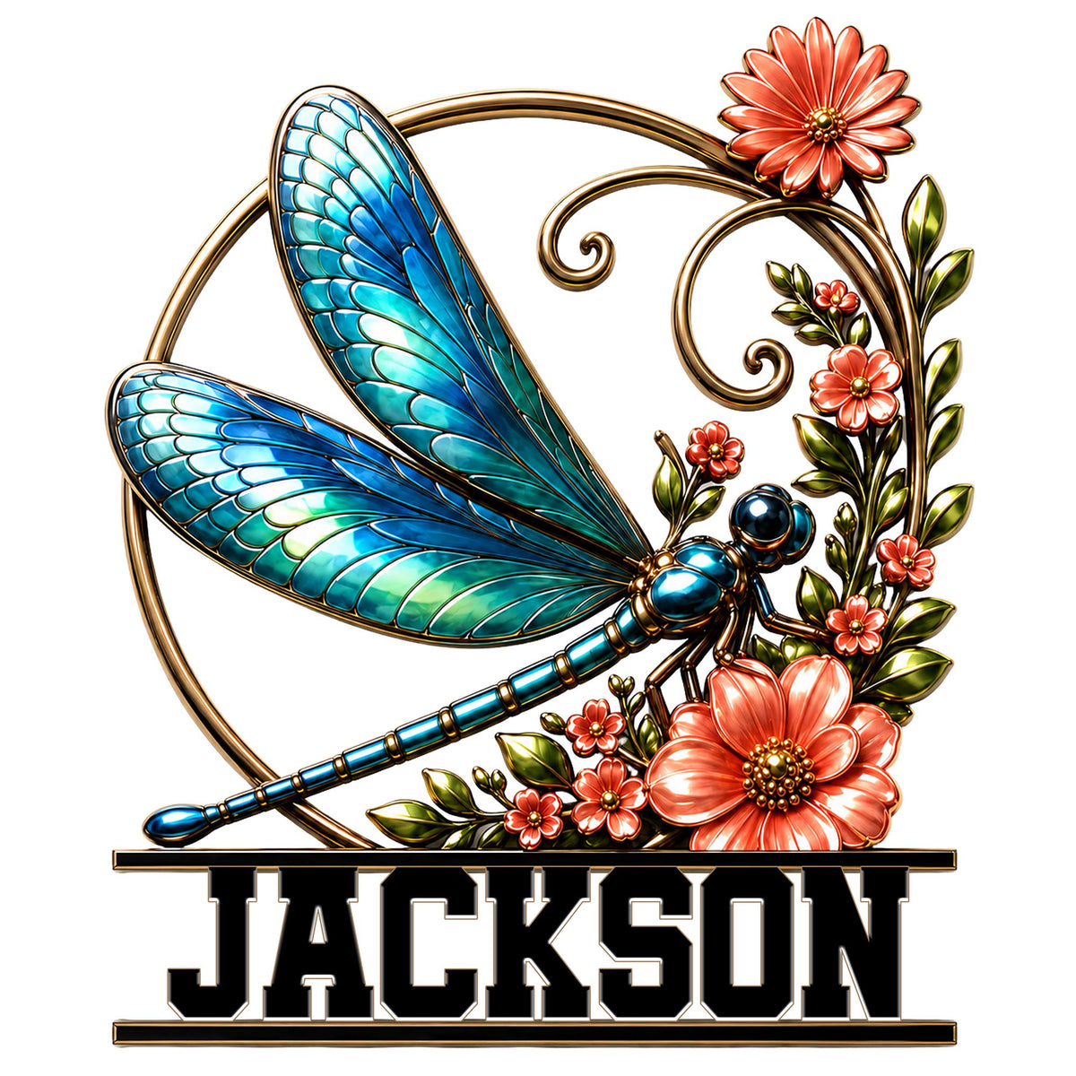 Colorful dragonfly metal sign with blue wings, coral flowers, green leaves, and an ornate botanical frame