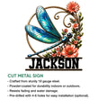 Dragonfly cut metal sign featuring vibrant blue wings, floral accents, and a decorative garden-inspired design