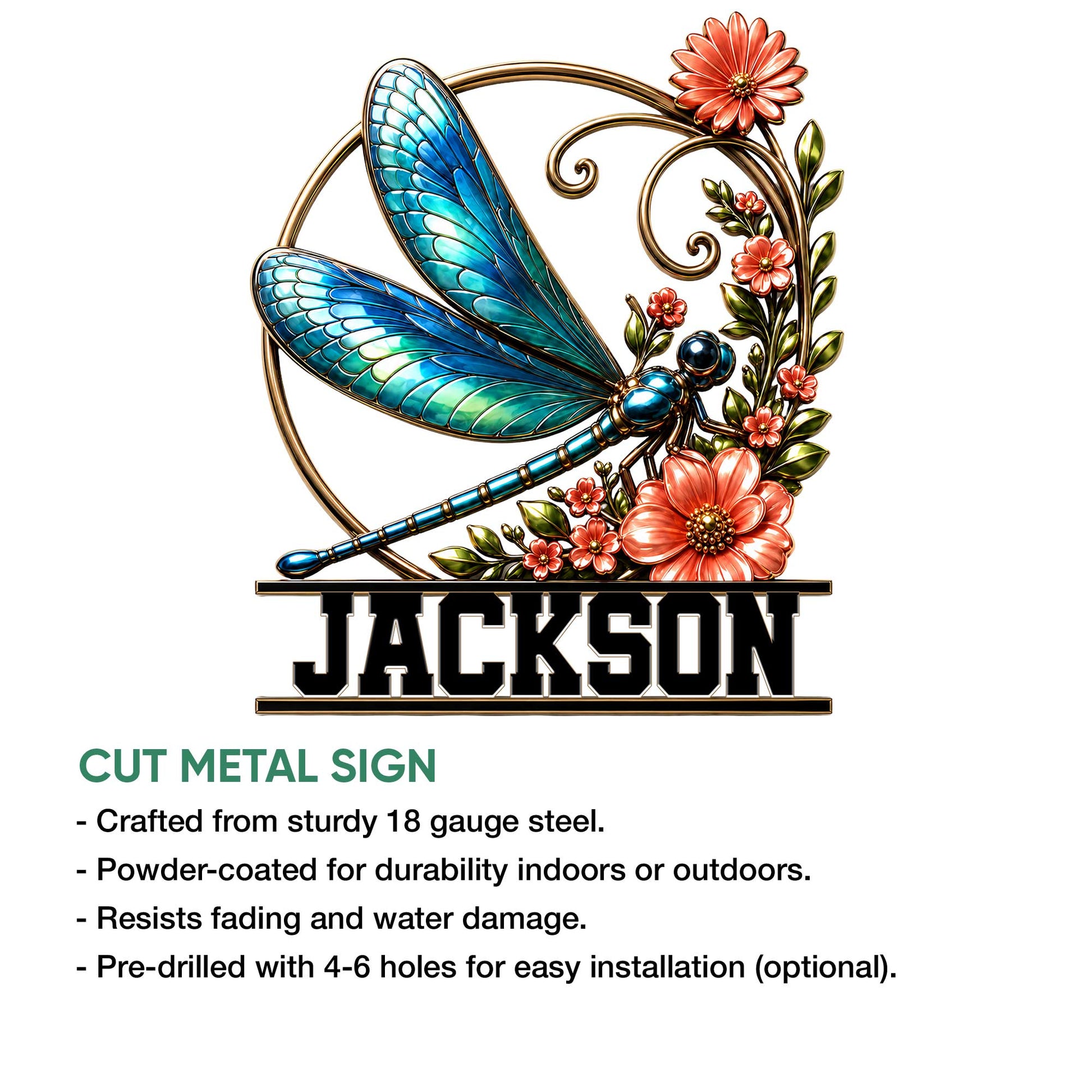 Dragonfly cut metal sign featuring vibrant blue wings, floral accents, and a decorative garden-inspired design