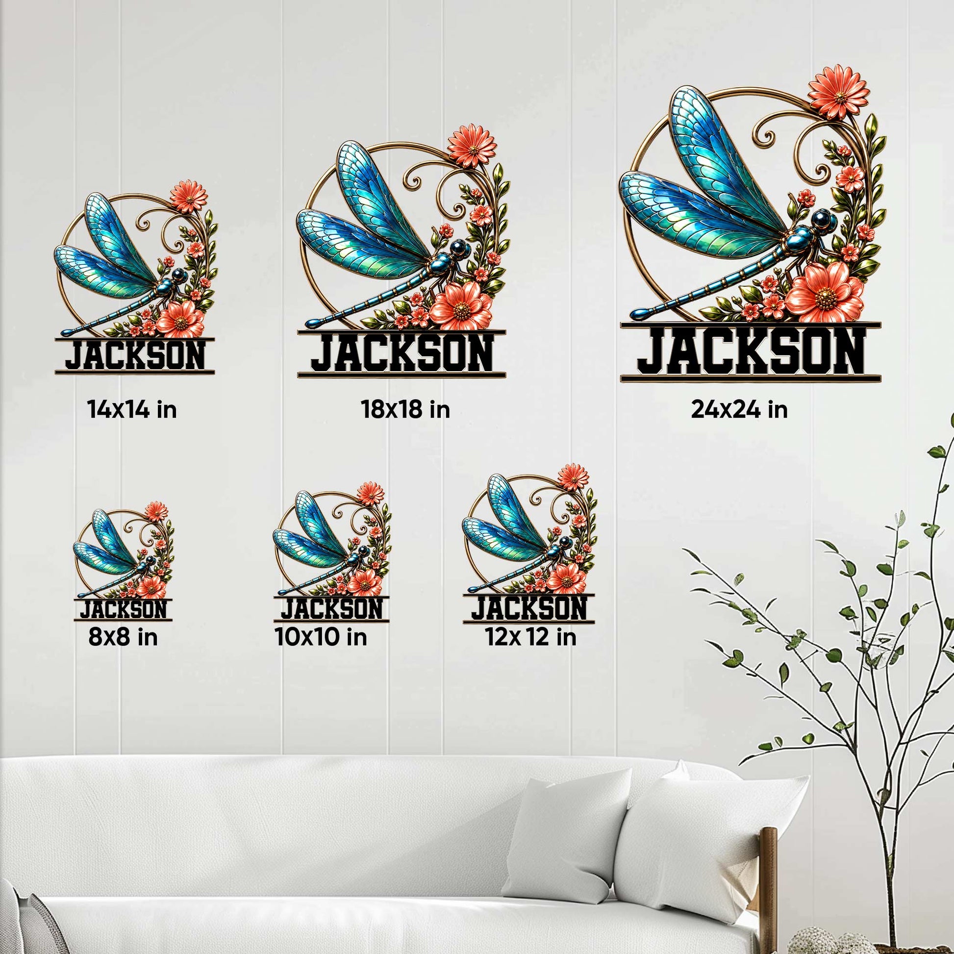 Dragonfly metal sign size guide showing available square sizes from 8 by 8 to 24 by 24 inches