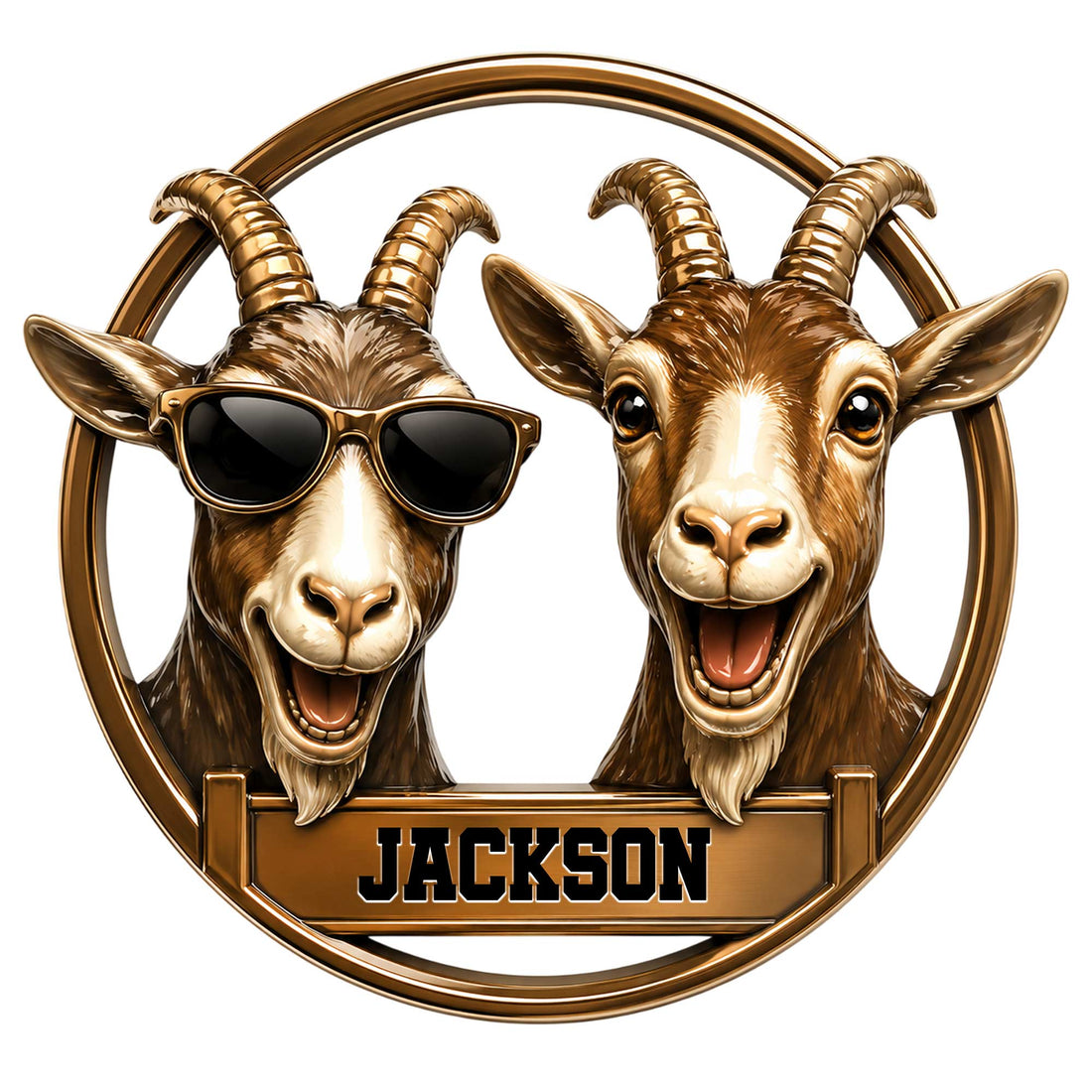 Custom goat metal sign featuring two playful goats, including one wearing sunglasses, in a circular framed design