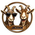 Custom goat metal sign featuring two playful goats, including one wearing sunglasses, in a circular framed design