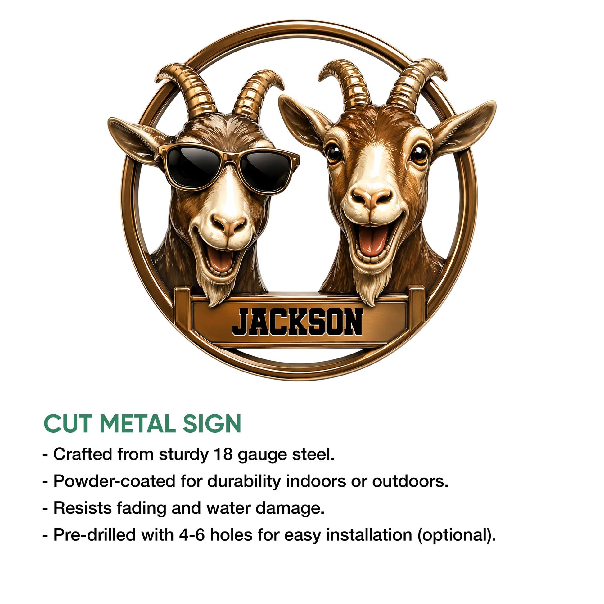 Goat metal sign feature graphic showing the humorous two-goat artwork and cut-metal sign presentation