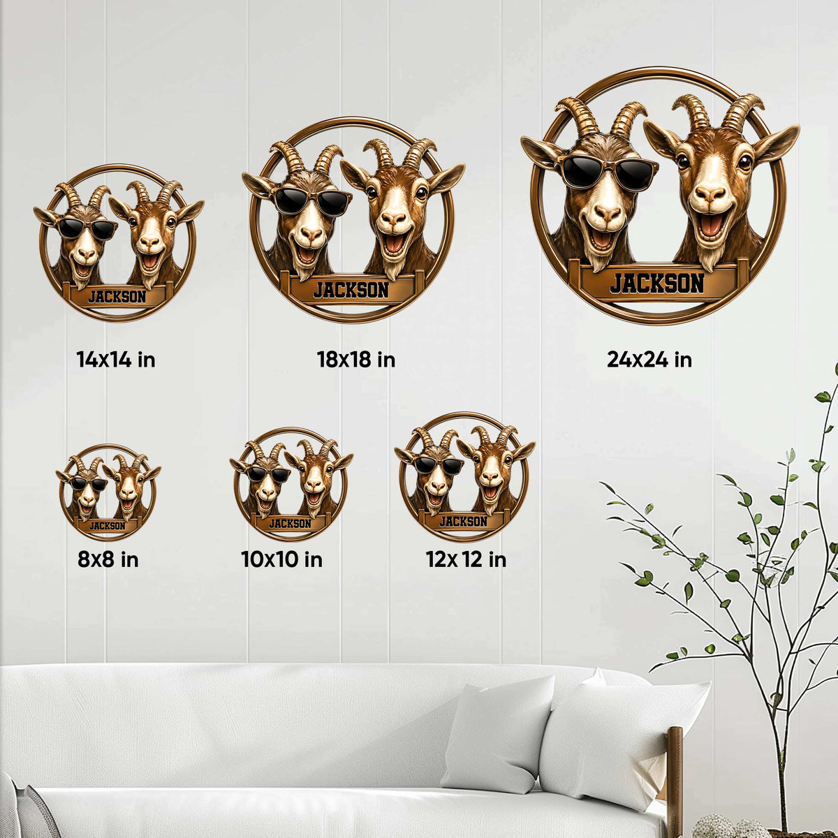 Goat metal sign size guide showing multiple square size options in a staged living room setting