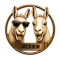 Custom llama metal sign featuring two cheerful llamas in a circular design, including one wearing sunglasses