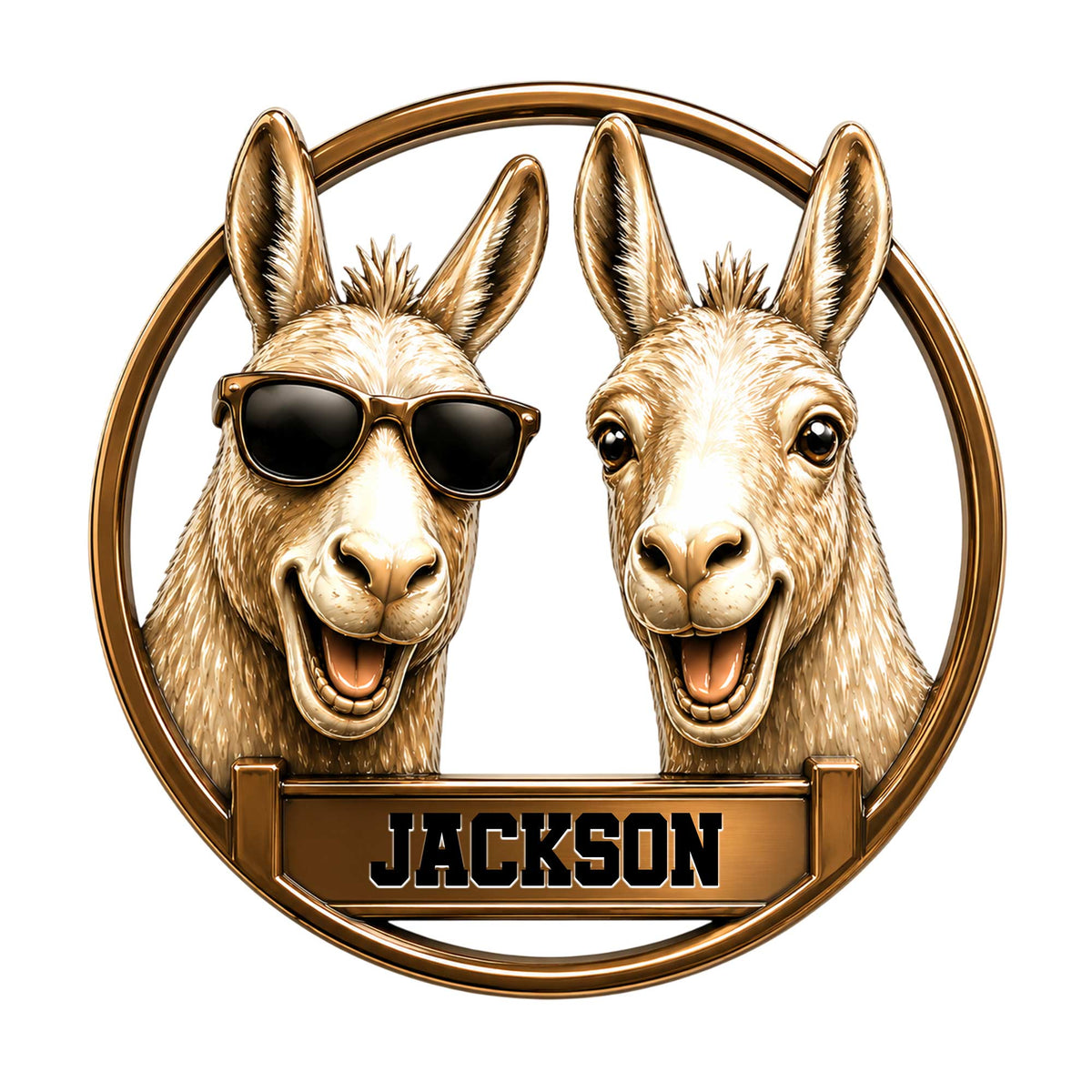 Custom llama metal sign featuring two cheerful llamas in a circular design, including one wearing sunglasses