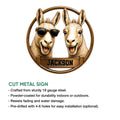 Llama cut metal sign product graphic showing two playful llamas and installation feature information