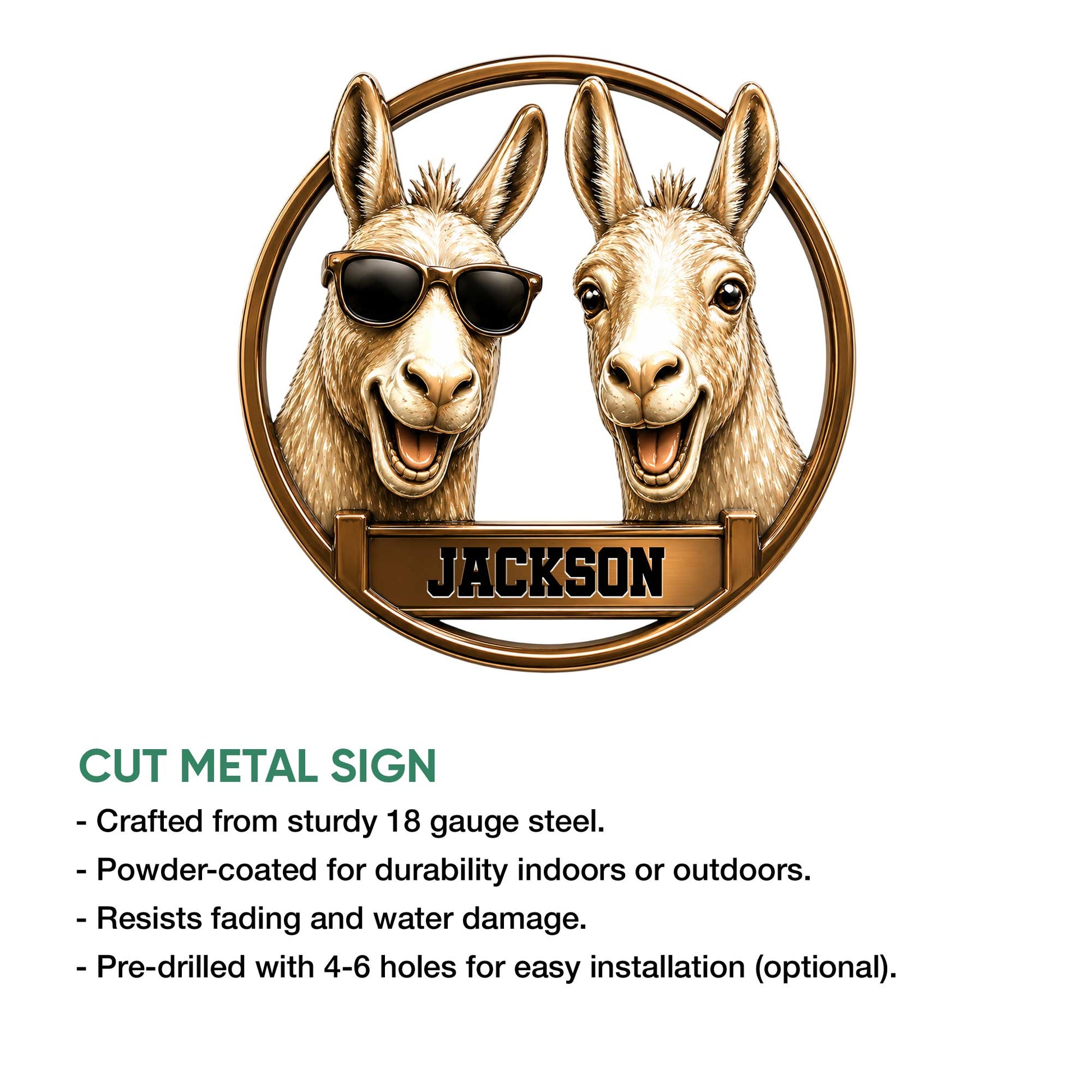 Llama cut metal sign product graphic showing two playful llamas and installation feature information