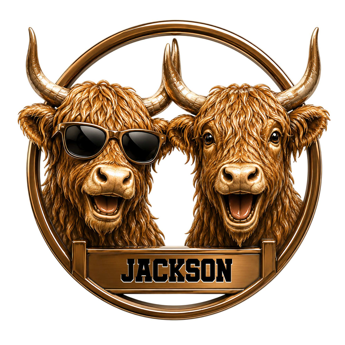 Highland Cow metal sign featuring two smiling shaggy cows, one wearing sunglasses, in a bronze circular frame