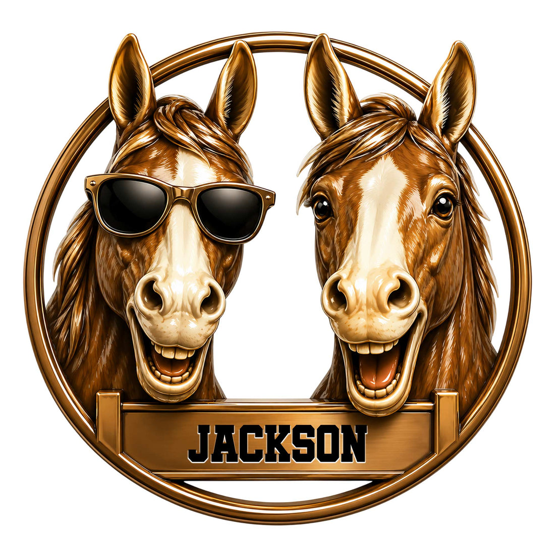 Custom horse metal sign featuring two smiling brown horses, one wearing sunglasses, inside a round frame
