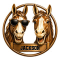 Custom horse metal sign featuring two smiling brown horses, one wearing sunglasses, inside a round frame