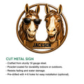 Horse metal sign feature graphic showing two playful horse portraits in a circular cut-metal design