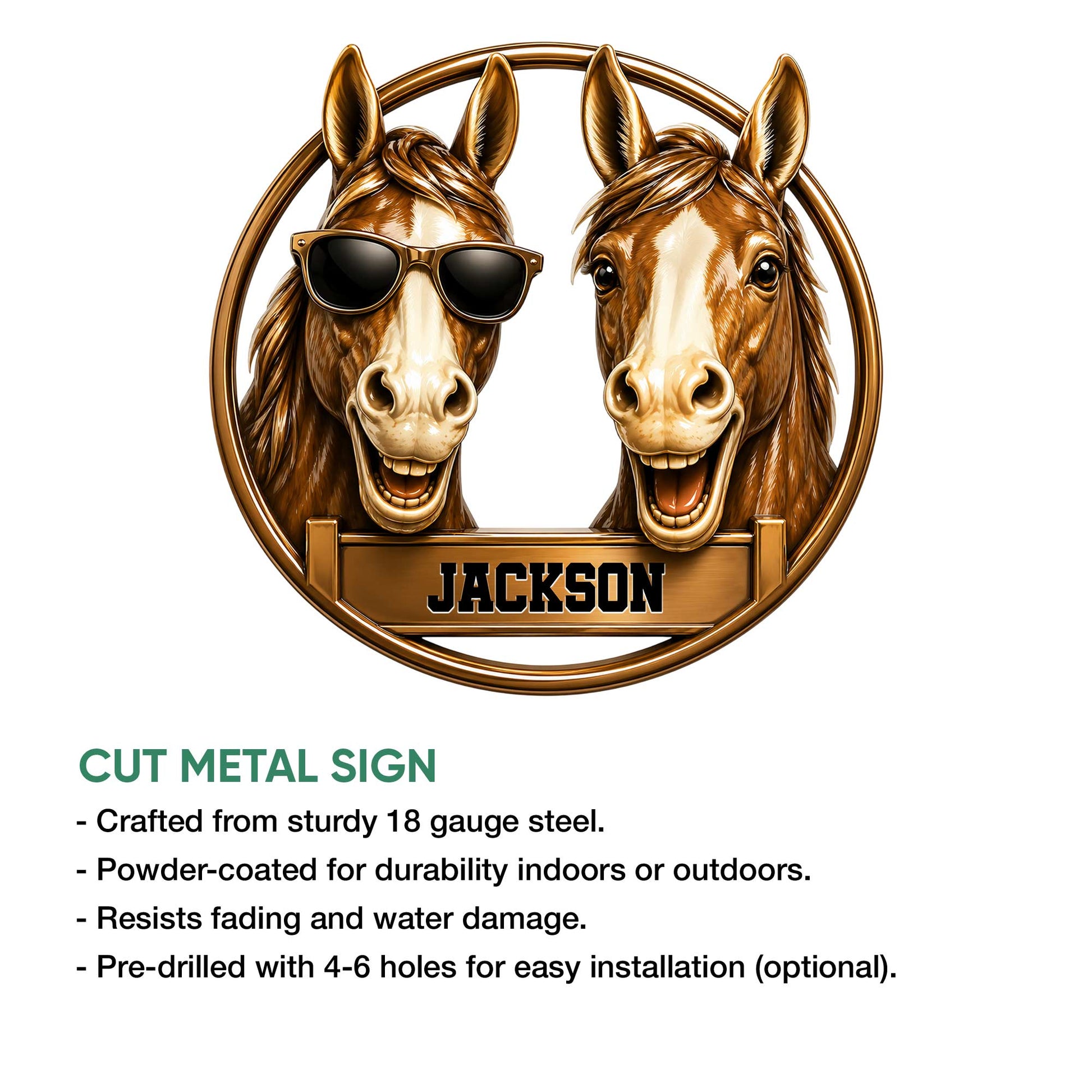 Horse metal sign feature graphic showing two playful horse portraits in a circular cut-metal design