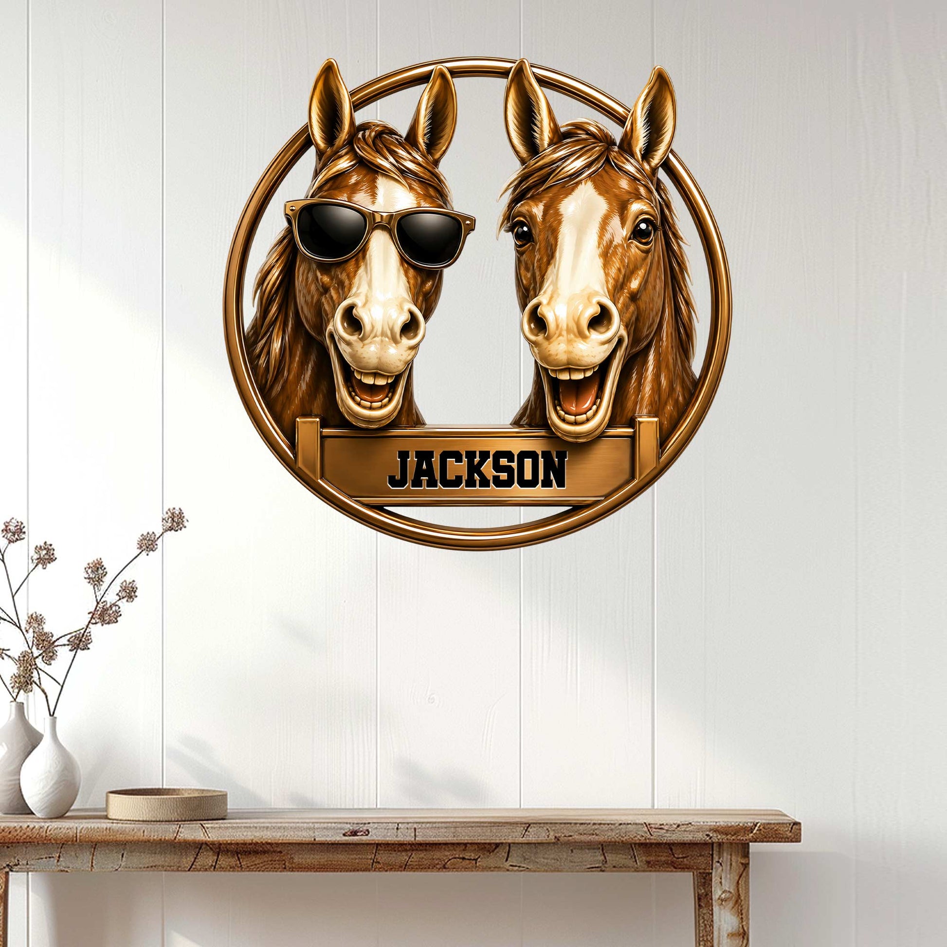 Horse wall sign displayed above a console table, featuring two cheerful equestrian horse portraits