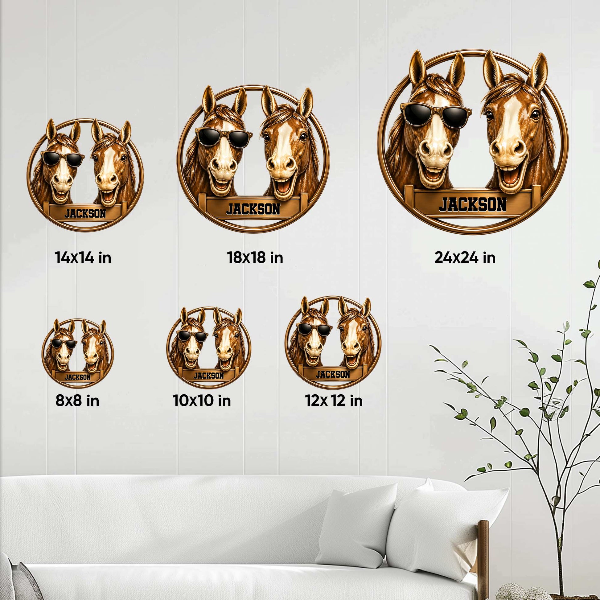 Horse metal sign size guide showing available square sizes from 8 by 8 inches to 24 by 24 inches