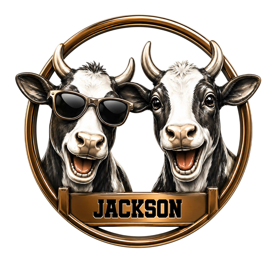 Custom cow metal sign featuring two cheerful black-and-white cows, one wearing sunglasses in a bronze circular frame