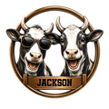 Custom cow metal sign featuring two cheerful black-and-white cows, one wearing sunglasses in a bronze circular frame
