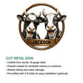 Cow metal sign feature graphic showing the framed two-cow artwork and cut metal sign presentation