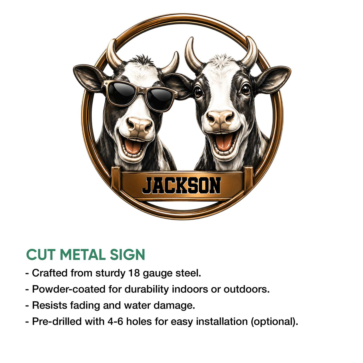 Cow metal sign feature graphic showing the framed two-cow artwork and cut metal sign presentation