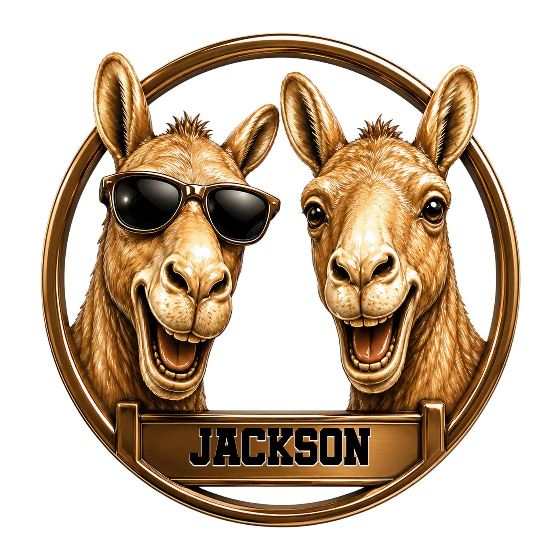 Custom camel metal sign featuring two smiling camels, one wearing sunglasses, inside a circular frame