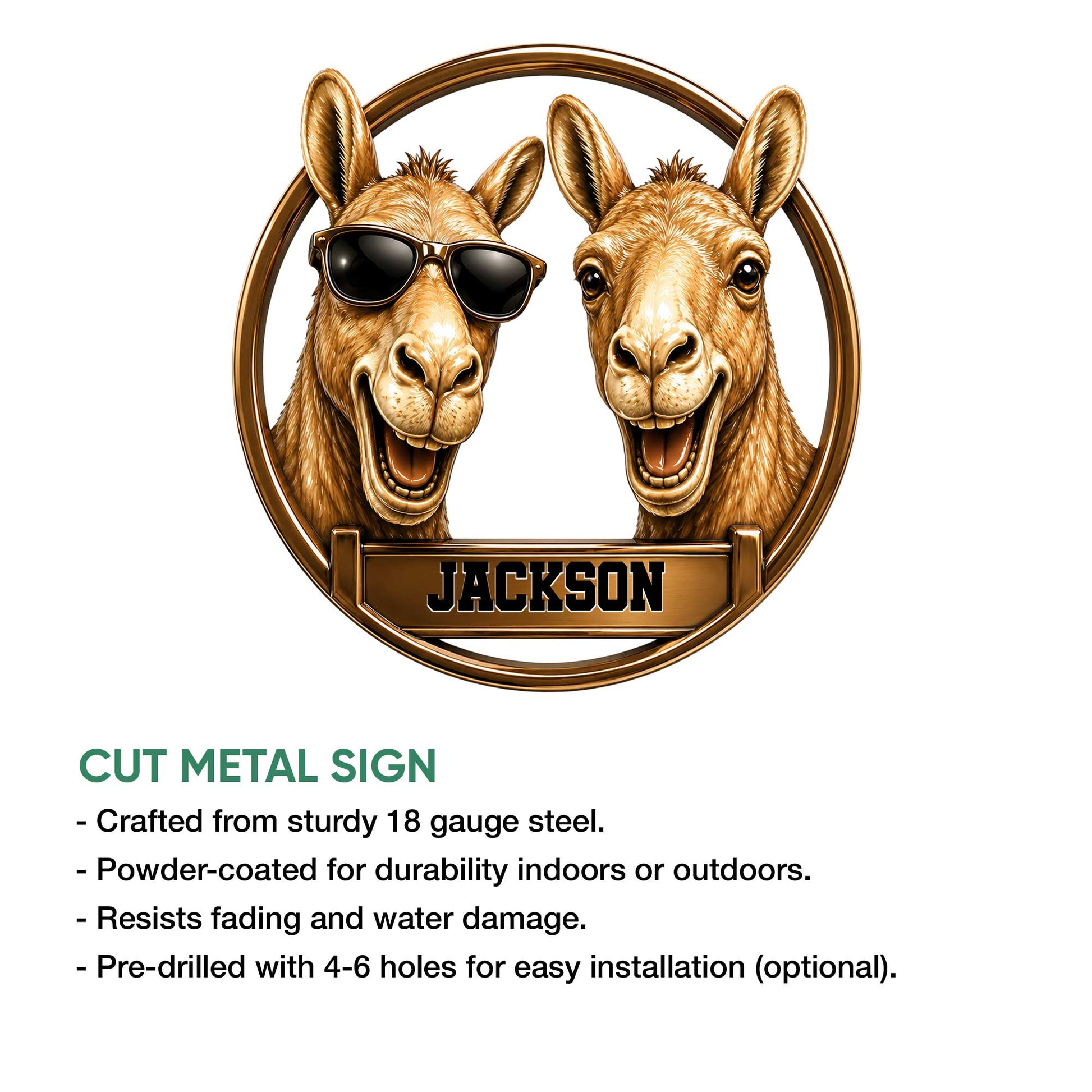 Camel metal sign feature graphic showing the circular two-camel artwork and cut metal sign presentation