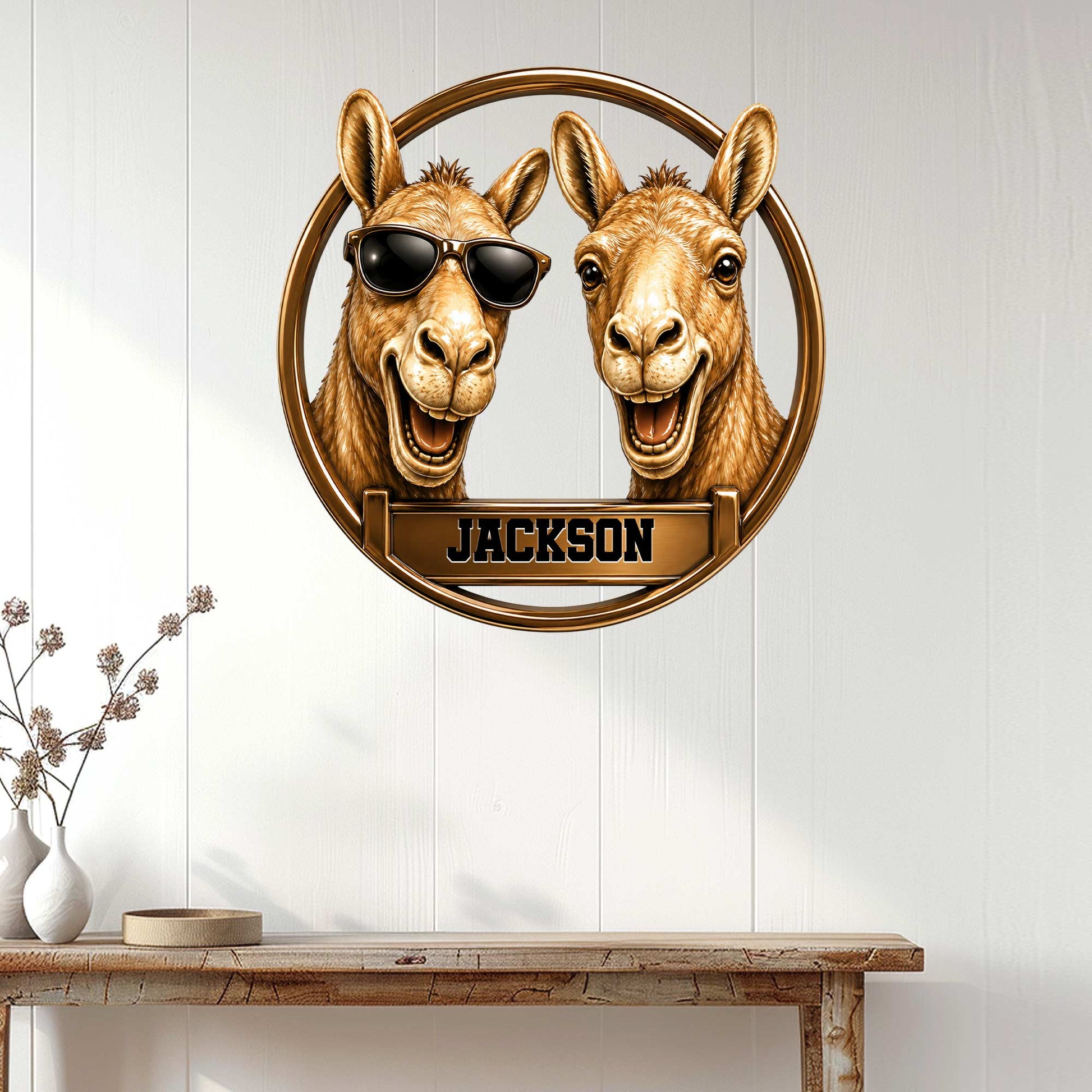 Camel wall sign displayed above a console table, featuring two cheerful camels in a circular design
