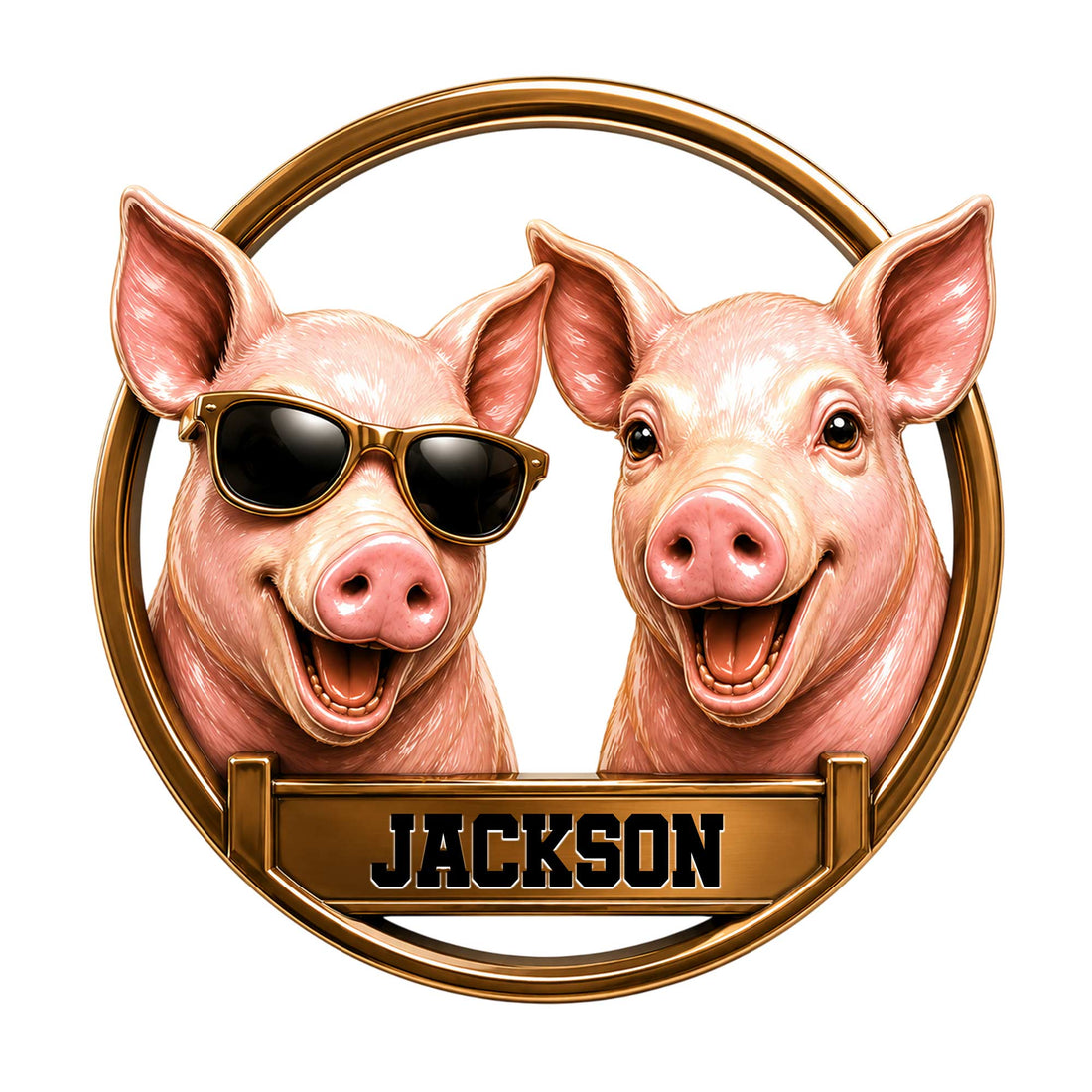 Custom pig metal sign featuring two cheerful pigs, including one wearing sunglasses in a round gold-toned frame