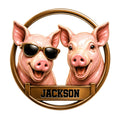 Custom pig metal sign featuring two cheerful pigs, including one wearing sunglasses in a round gold-toned frame