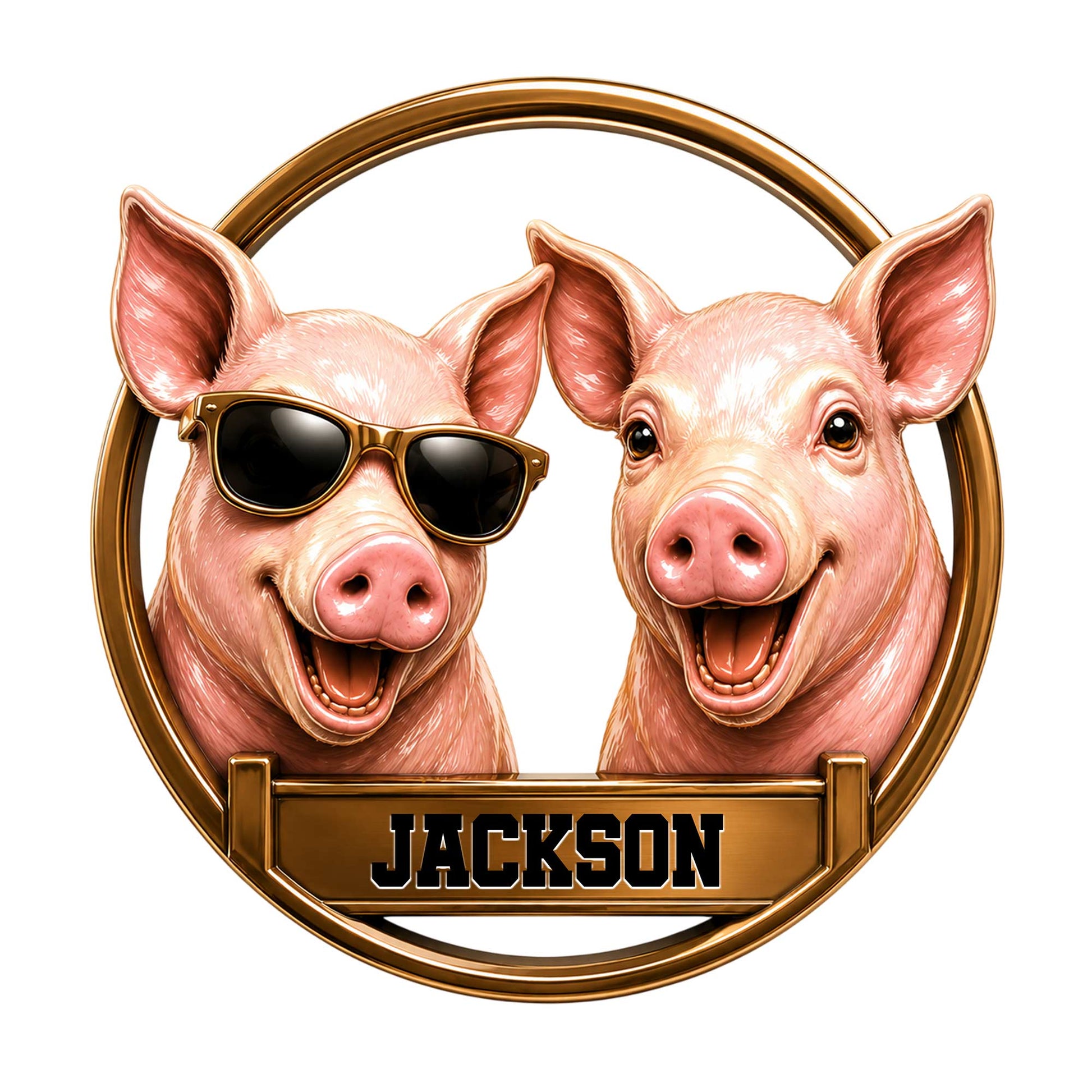 Custom pig metal sign featuring two cheerful pigs, including one wearing sunglasses in a round gold-toned frame