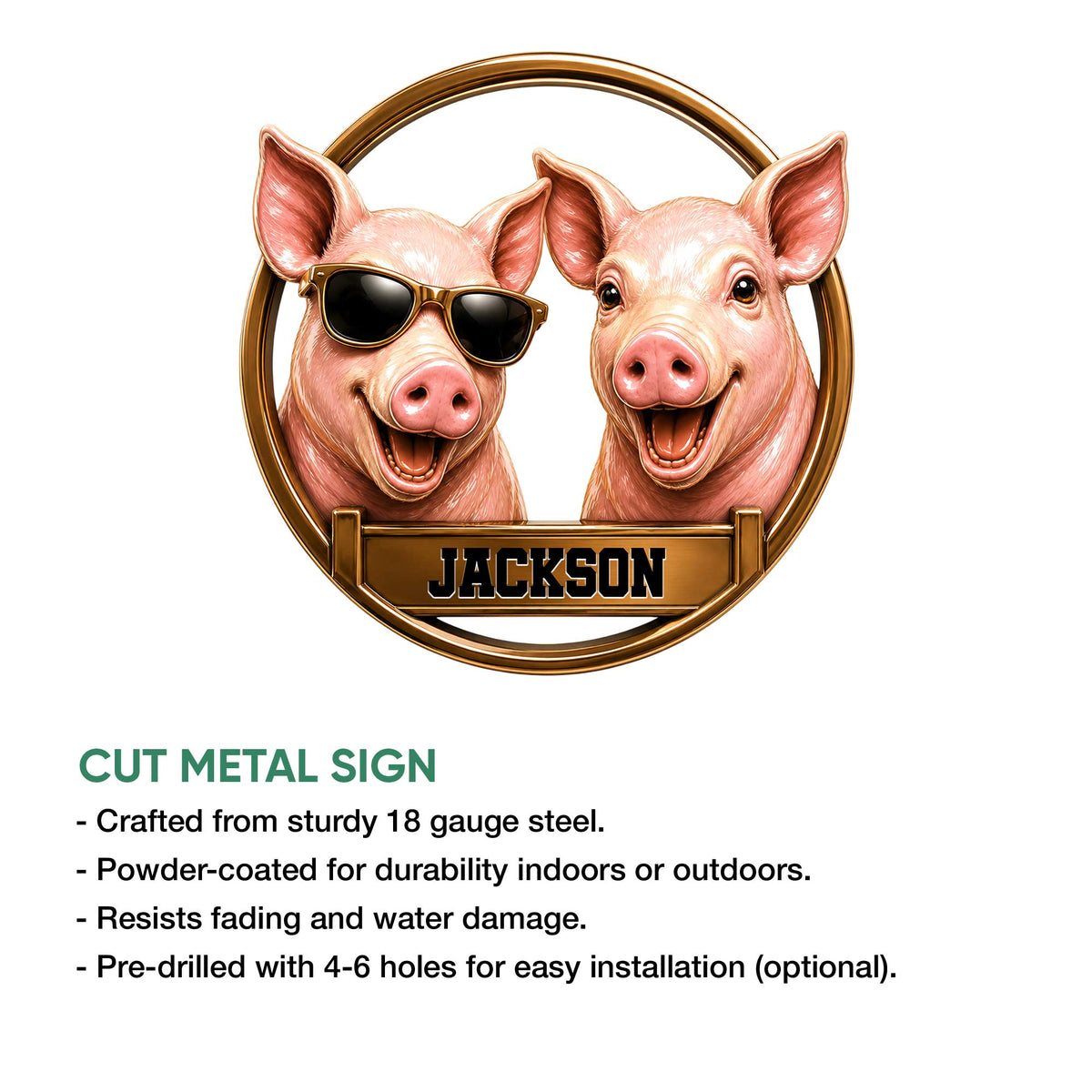 Pig metal sign product presentation showing two playful pigs and a cut metal sign design