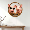 Funny pig wall sign displayed on white paneling above a rustic console table