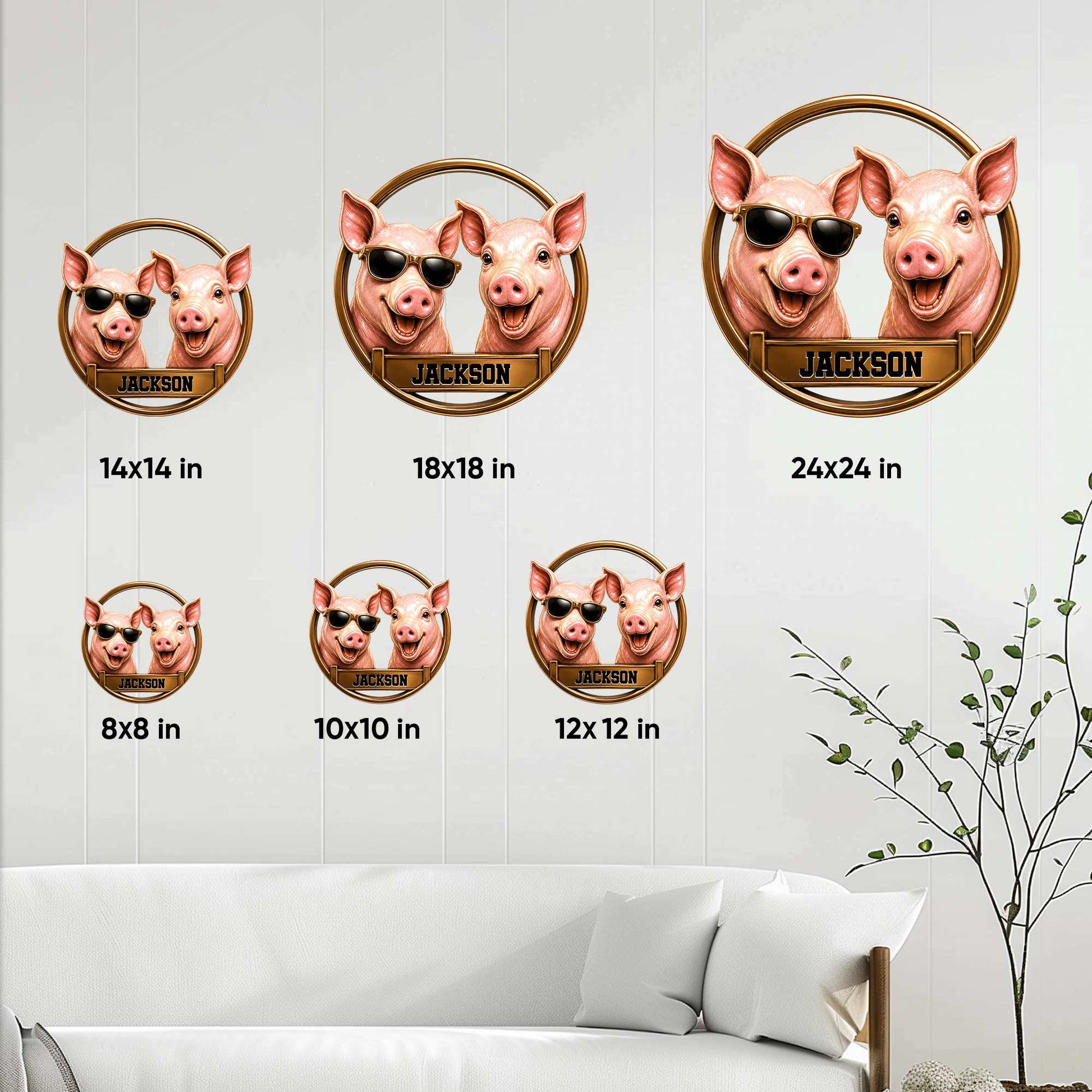 Pig metal sign size guide showing available square dimensions from 8 by 8 to 24 by 24 inches