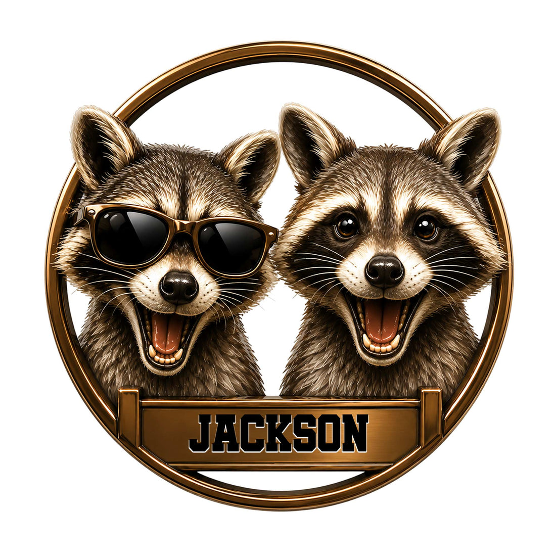 Custom raccoon metal sign featuring two cheerful raccoons in a circular bronze frame, including one wearing sunglasses
