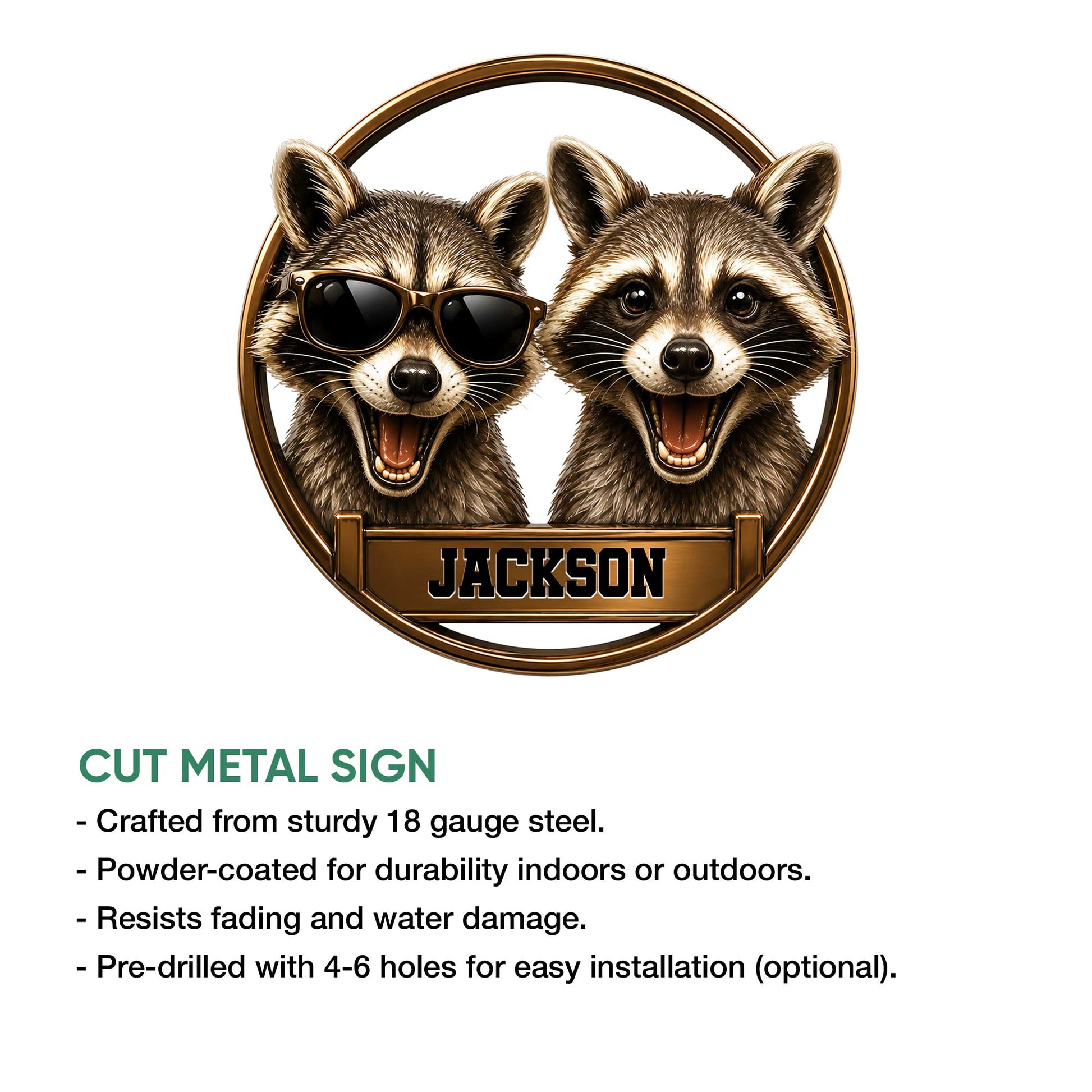 Raccoon metal sign feature graphic showing the circular two-raccoon design and cut-metal sign presentation